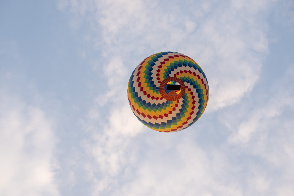 Image of a hot air balloon taken from directly below. This is one of the most popular things to do in Vang Vieng, Laos.