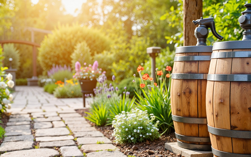 Image of a stone footpath and two rain barrels in a sunny garden.