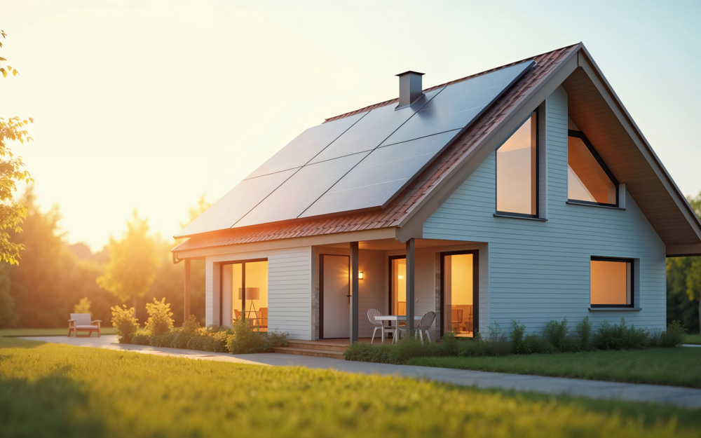 Image of a house with solar panels on the roof. Investing in eco-friendly home improvements can save you money over time.
