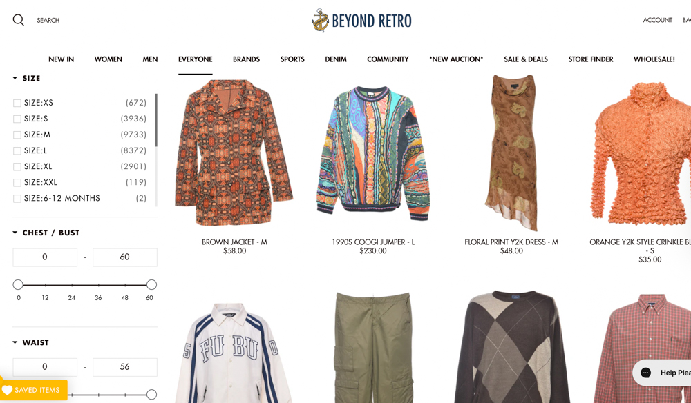 Image of the website Beyond Retro, for eco-conscious bargain hunting