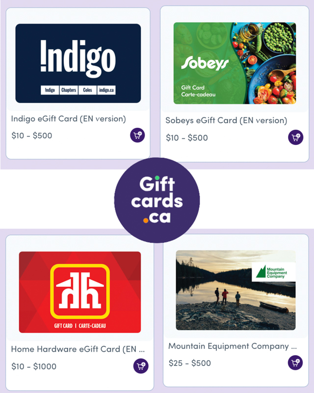 Image of various egift cards available from giftcards.ca