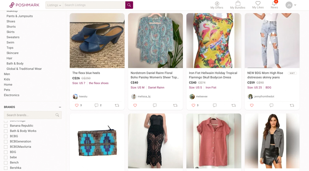 Image of the store for the online resale app for pre-loved fashion, Poshmark.
