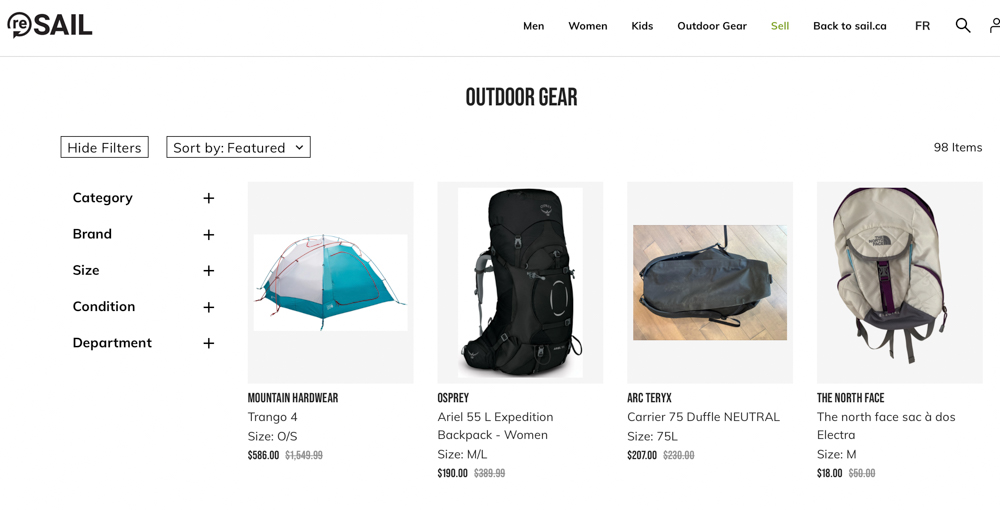 Image of used outdoor equipment shopping site, Resail