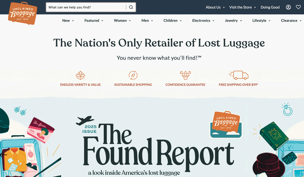 Image of the online shop for secondhand minimalist travel essentials, Unclaimed Baggage.