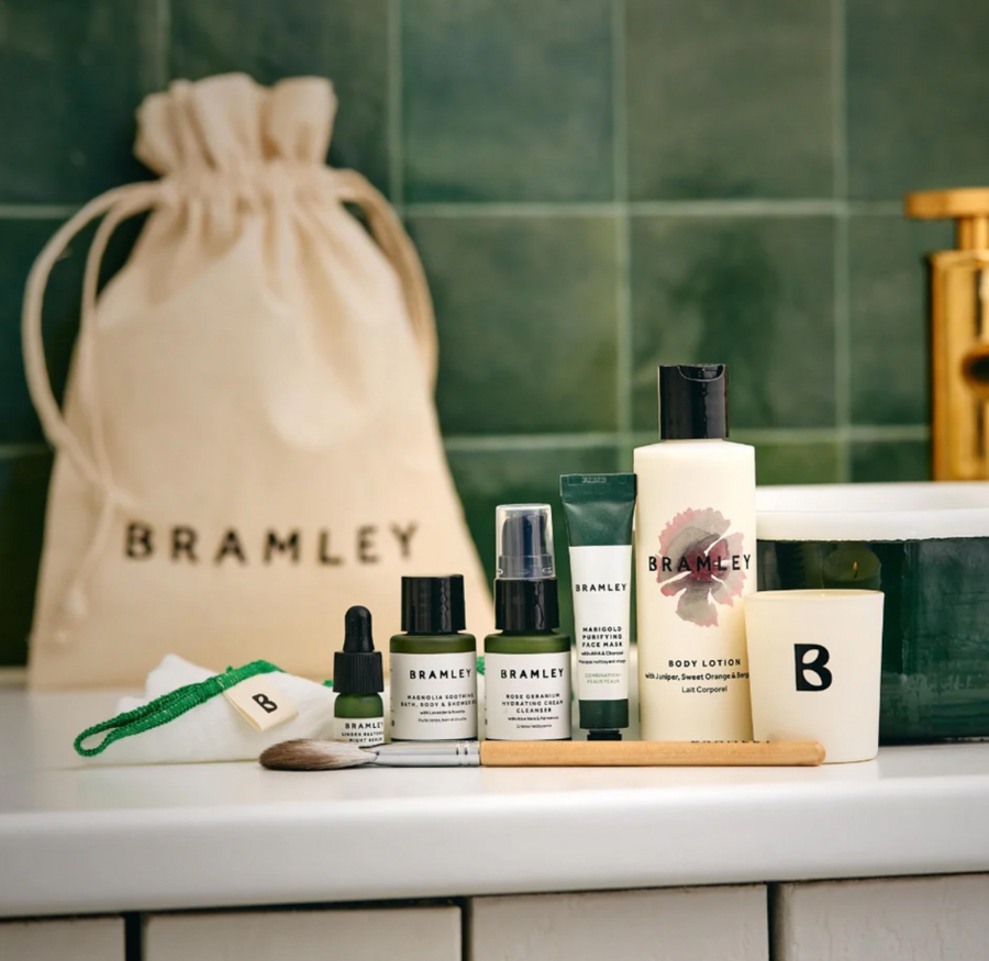 Image of a variety of products from natural skincare brand Bramley.
