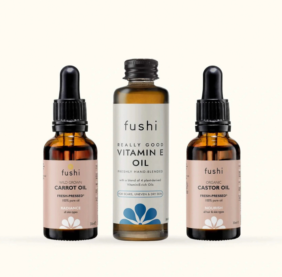 Image of a variety of products from organic skincare brand Fushi.