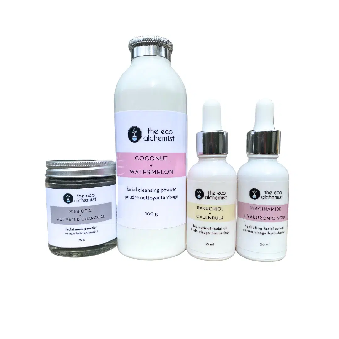 Image of a variety of products from Canadian small batch skincare brand The Eco Alchemist.