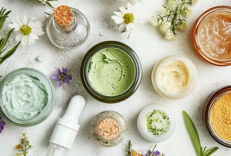 Image of a variety of generic green, natural, sustainable and eco-friendly and ethical skincare products.