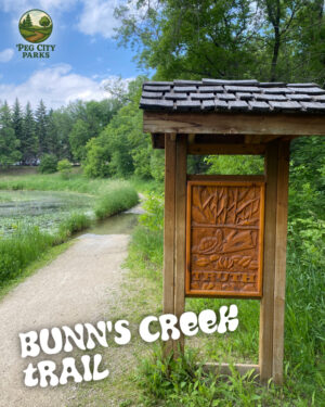 Image of a path with a carved wooden sign and the title "Bunn's Creek Trail" overlaid.