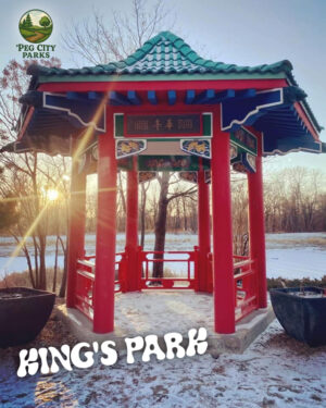 Image of a red Japanese-style gazebo and the title "King's Park" overlaid.