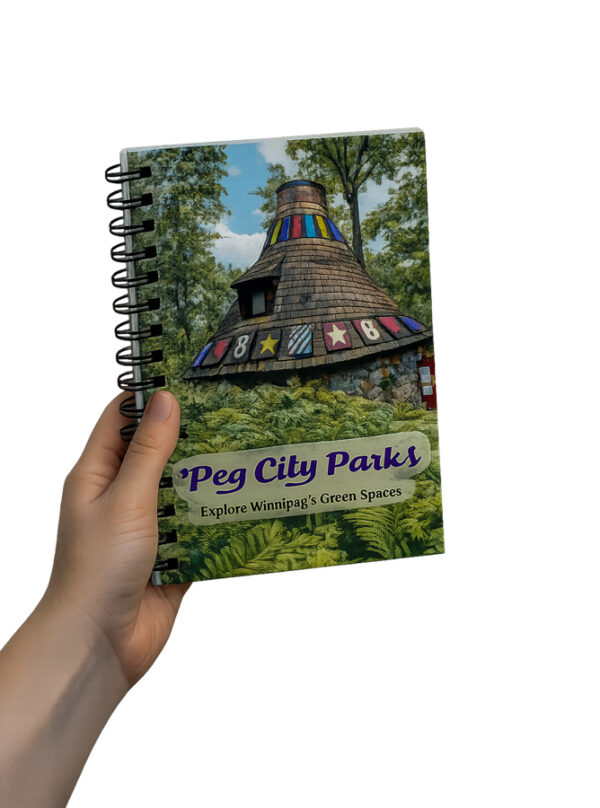 Image of the 'Peg City Parks book held by a hand.