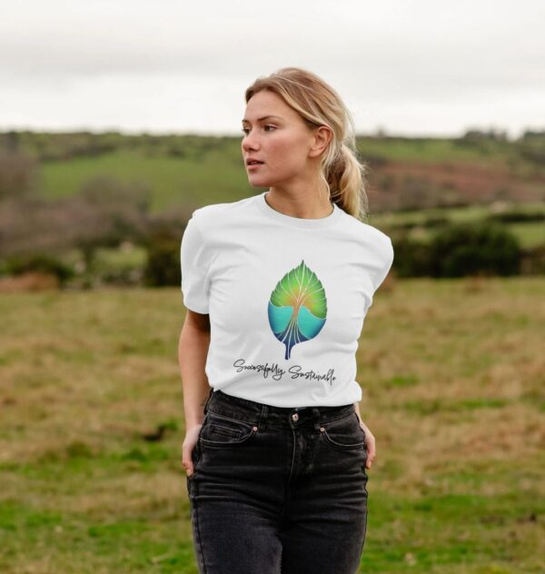 An image of a model wearing the Successfully Sustainable tee in white.