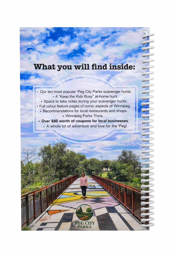 Image of the back cover of the 'Peg City Parks - Explore Winnipeg's Green Spaces" book, featuring scavenger hunts for 10 different Winnipeg parks.