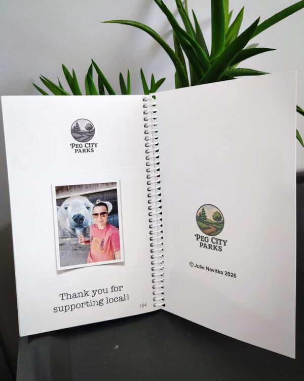 Image of the back inside cover of the 'Peg City Parks - Explore Winnipeg's Green Spaces" book, featuring scavenger hunts for 10 different Winnipeg parks.