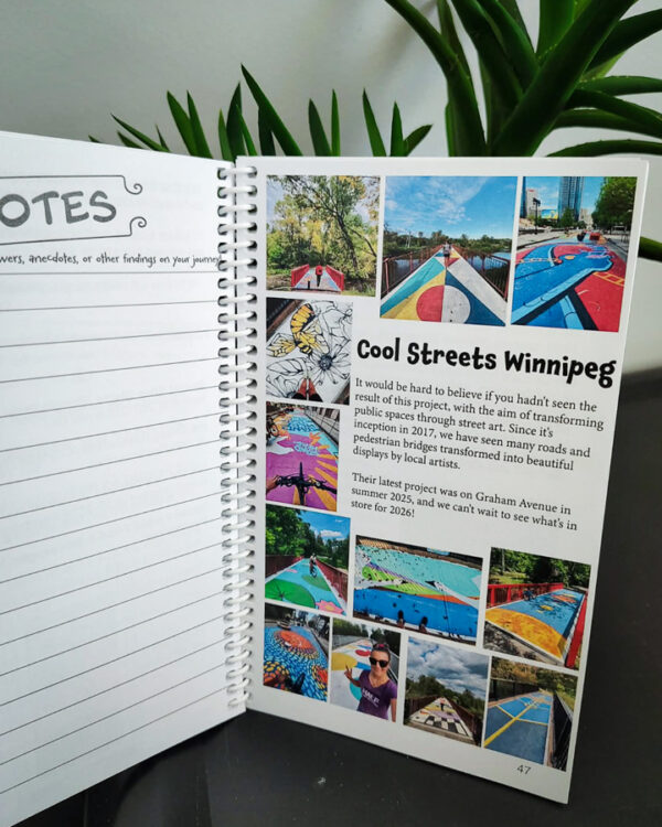 Image of a photo feature inside the 'Peg City Parks - Explore Winnipeg's Green Spaces" book, featuring scavenger hunts for 10 different Winnipeg parks.