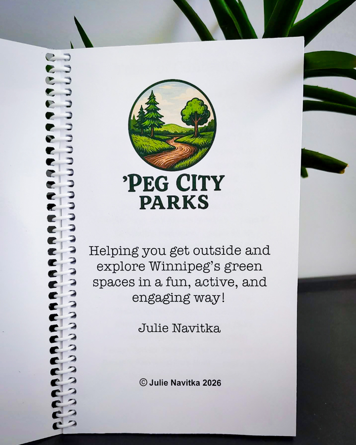 Image of the front inside cover of the 'Peg City Parks - Explore Winnipeg's Green Spaces" book, featuring scavenger hunts for 10 different Winnipeg parks.