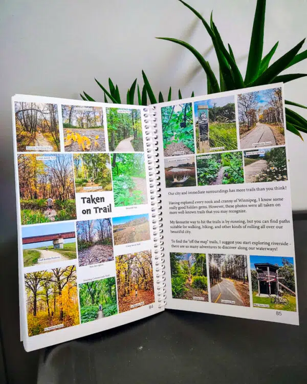 Image of a photo feature inside the 'Peg City Parks - Explore Winnipeg's Green Spaces" book, featuring scavenger hunts for 10 different Winnipeg parks.