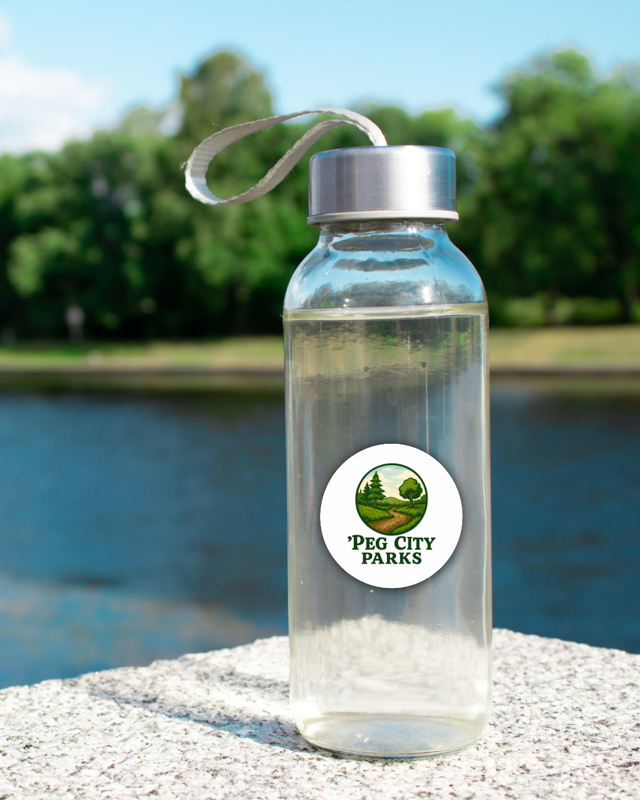 Image of the Peg City Parks circular glossy sticker on a reusable water bottle.