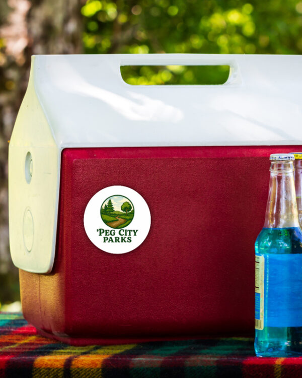 Image of the Peg City Parks circular glossy sticker on a cooler.
